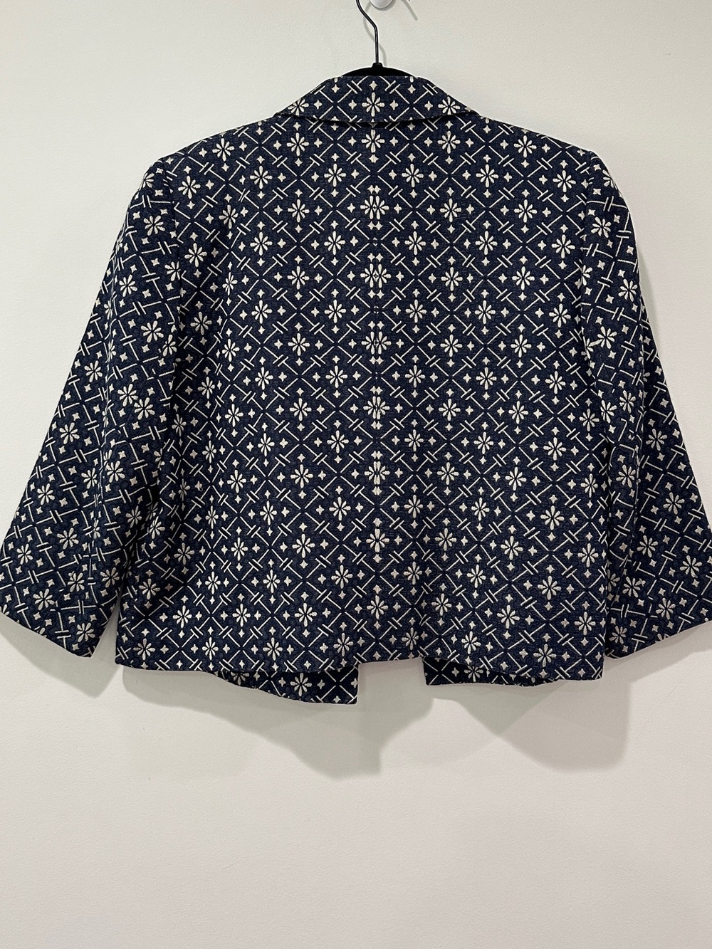 DKNY Vintage Navy White Silk Cotton Geometric Cropped Blazer 8 - Picture 9 of 14